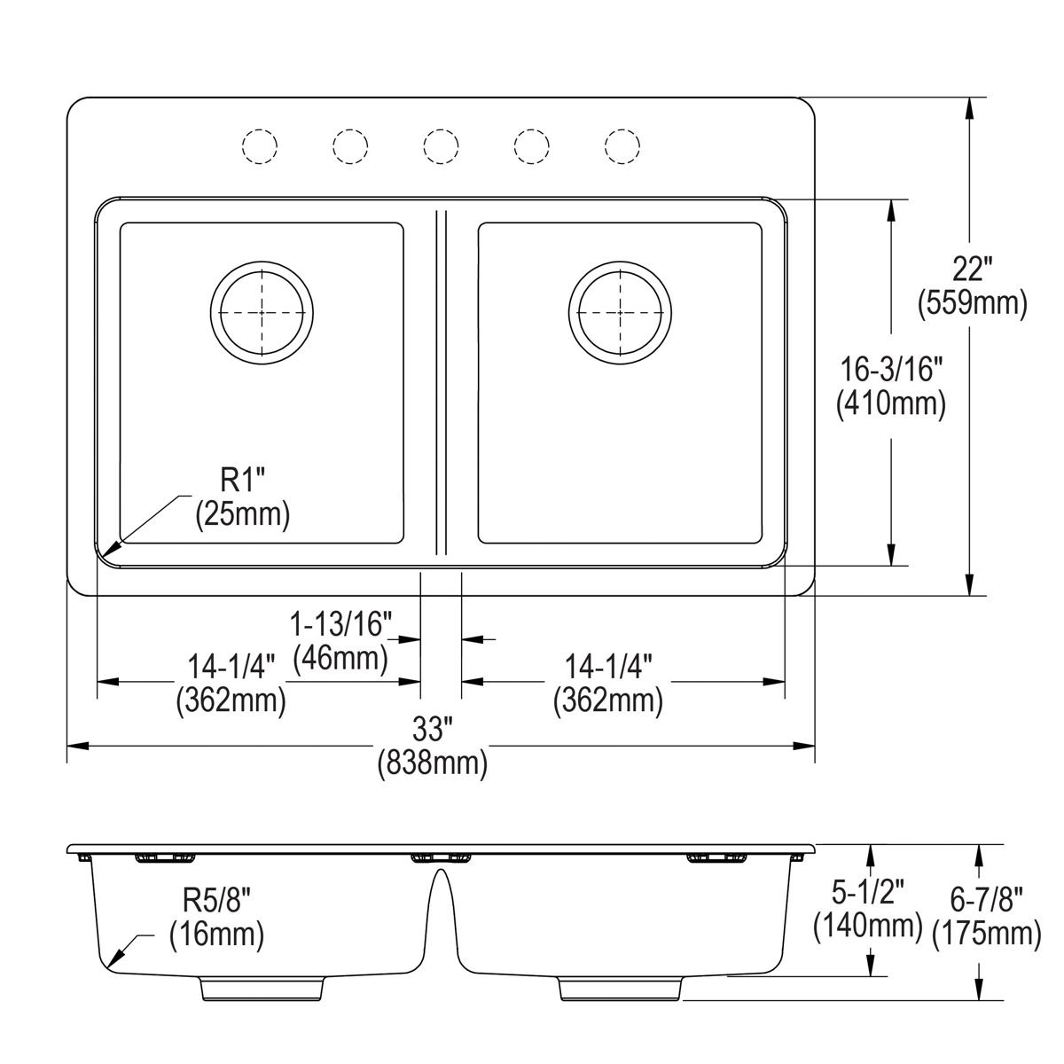 White quartz double bowl drop-in sink with two circular drains and five faucet holes, shown in top and side views with dimens