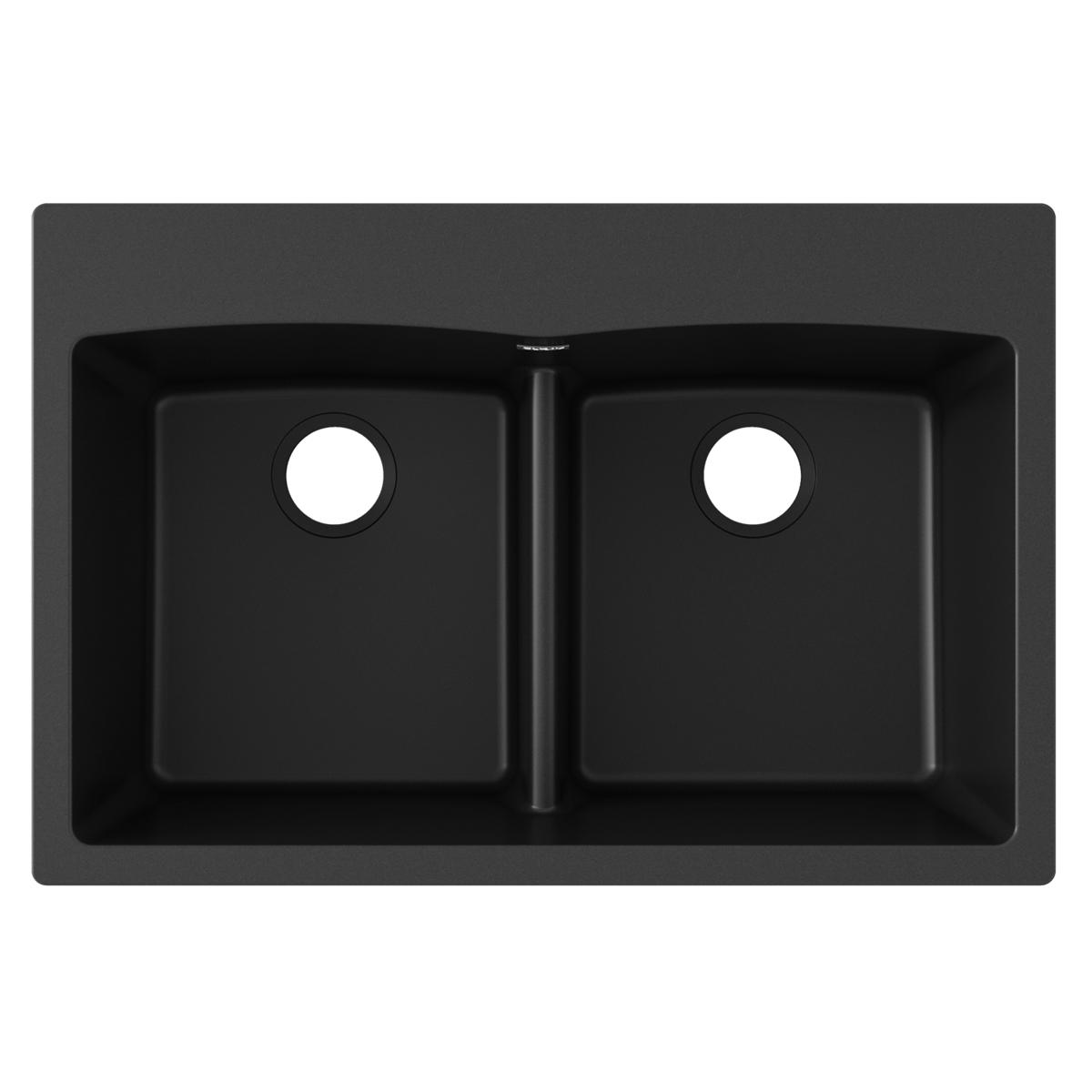 Black quartz drop-in kitchen sink with two equal bowls separated by a center divider and drain holes.