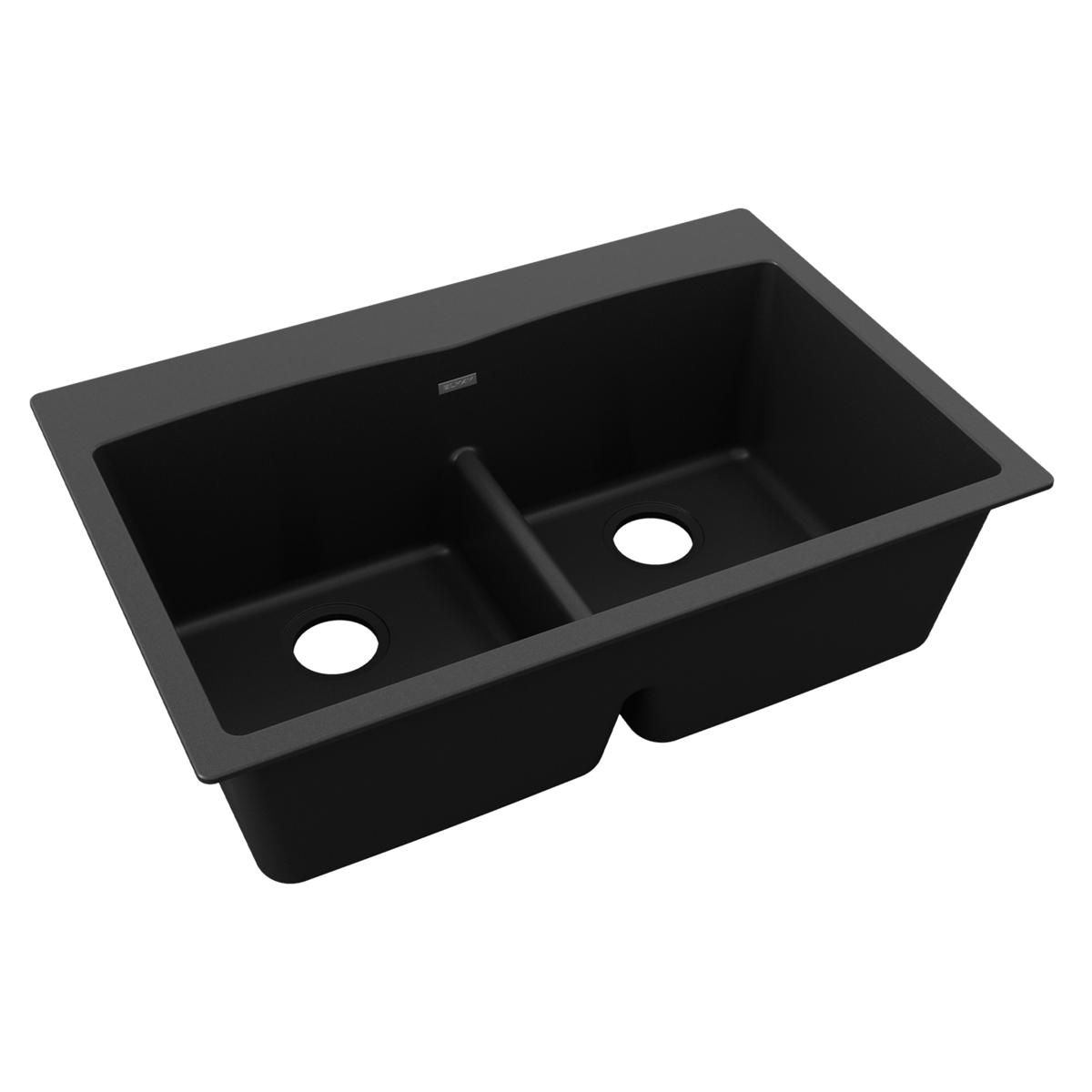 Black quartz double bowl drop-in sink with center divider and drain holes.