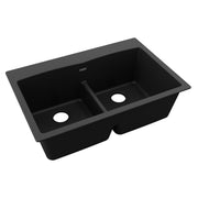 Black quartz double bowl drop-in sink with center divider and drain holes.