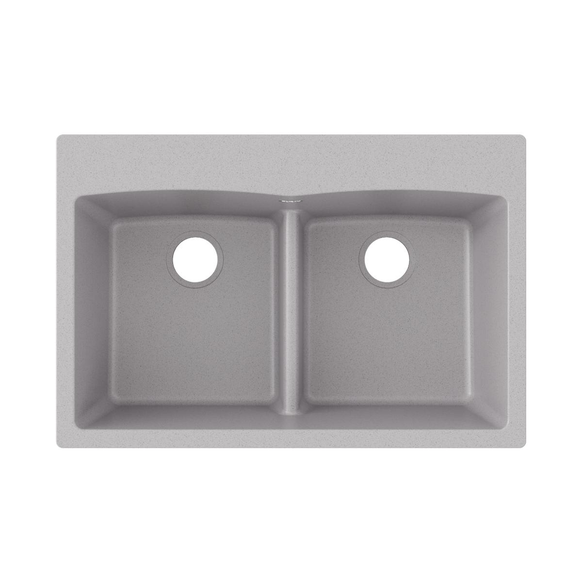 Greystone quartz double bowl drop-in sink with equal-sized basins and center divider, shown from above.