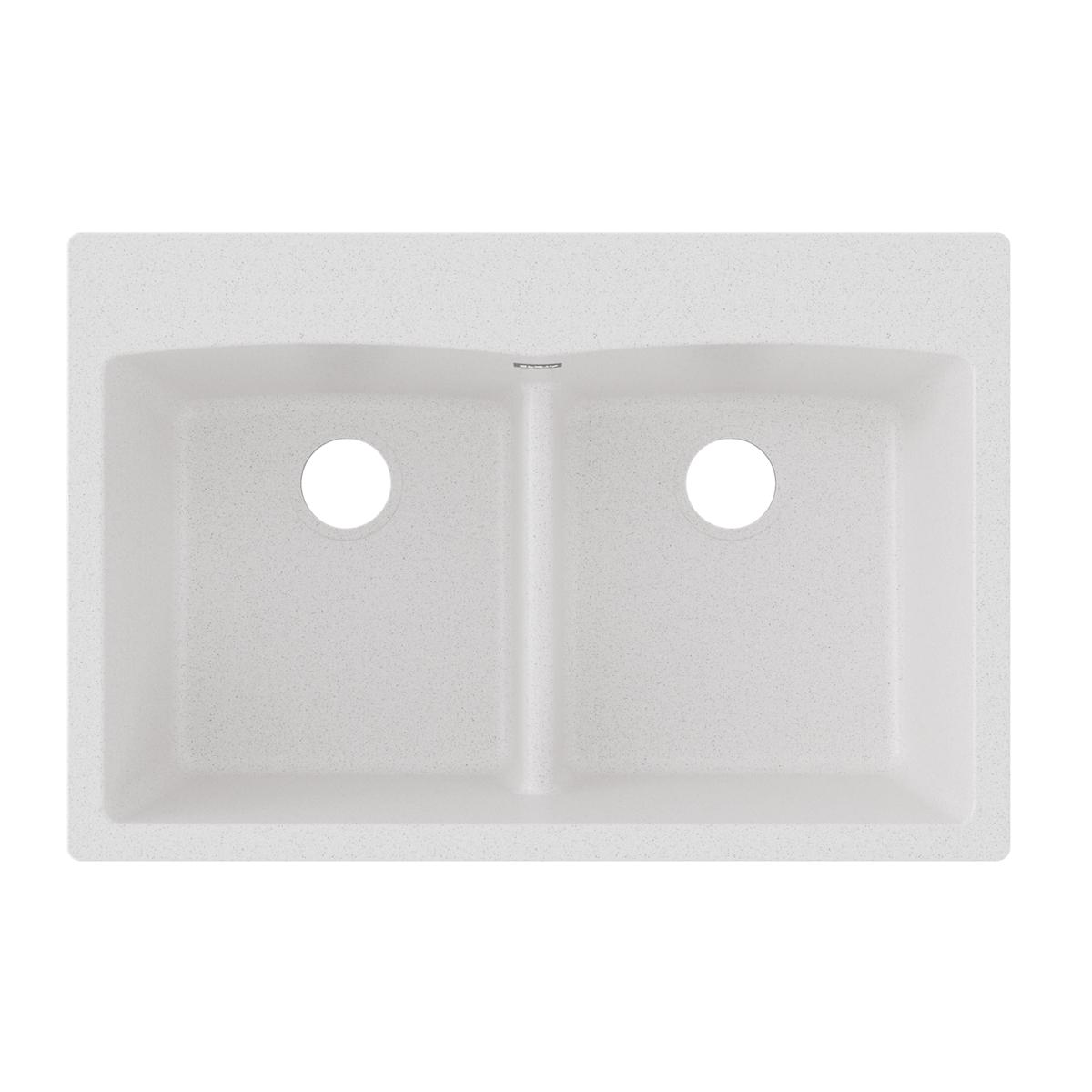 White quartz drop-in sink with two equal rectangular bowls and center divider, viewed from above.