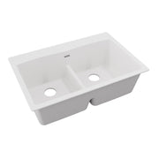White quartz double bowl drop-in sink with two equal basins and center divider.