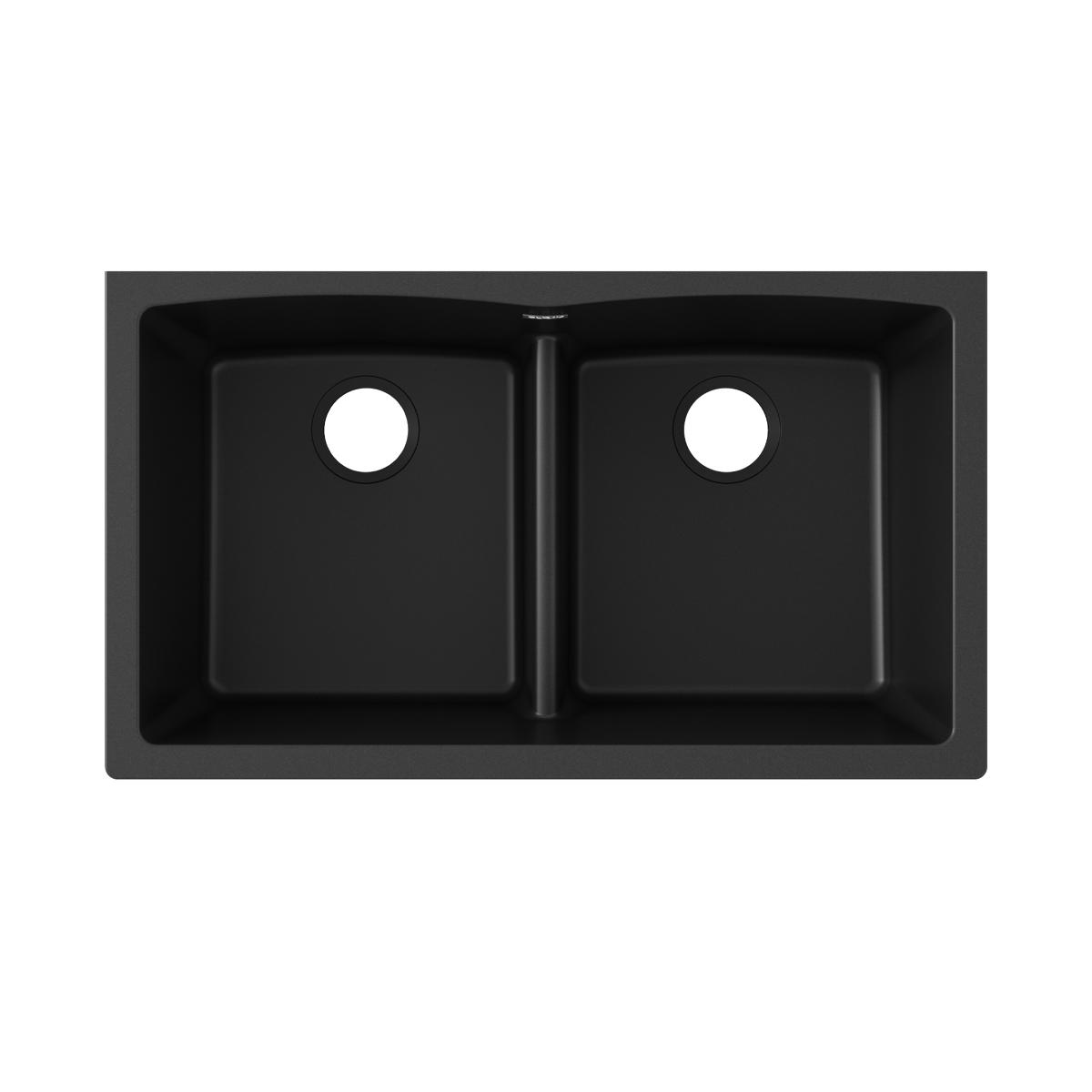 Black quartz undermount sink with two equal bowls separated by center divider and drain holes.