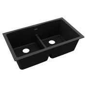 Black quartz double bowl undermount sink with center divider and drain holes.