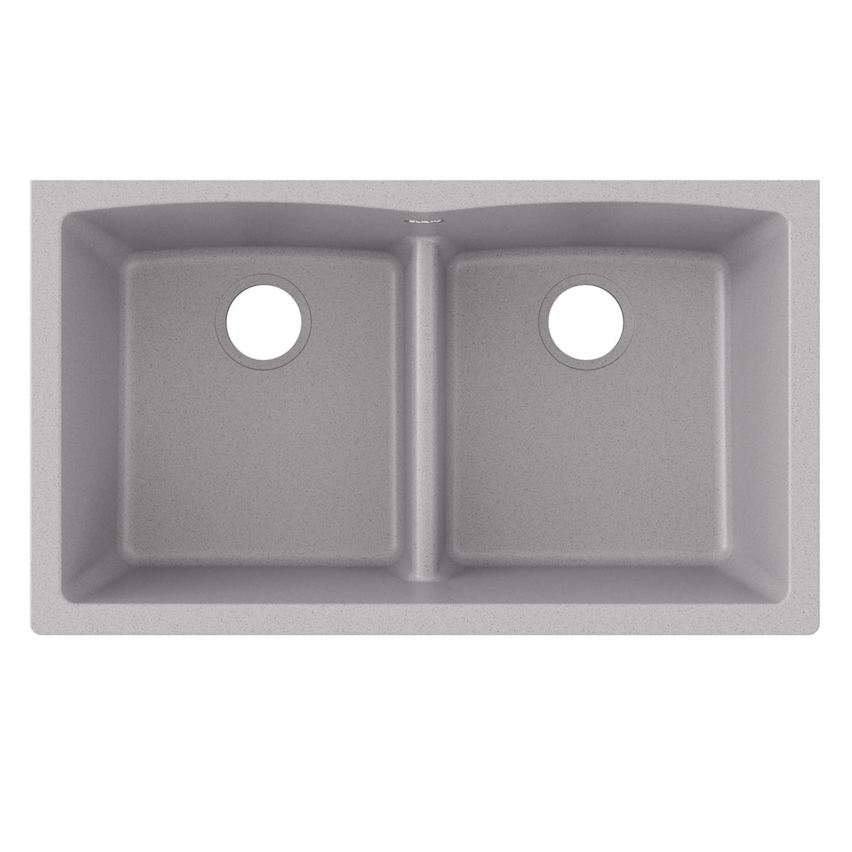 Greystone quartz undermount sink with two equal bowls separated by divider and drain holes.