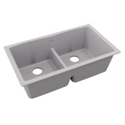 Greystone quartz double bowl undermount sink with center divider and drain holes.