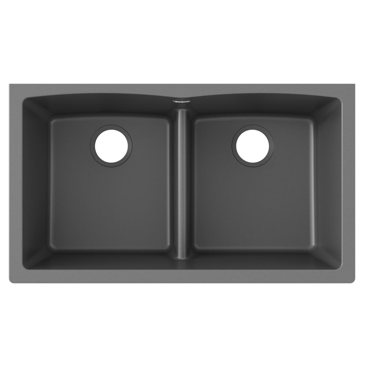 Dusk gray quartz double bowl undermount sink with equal-sized basins and center divider, viewed from above.