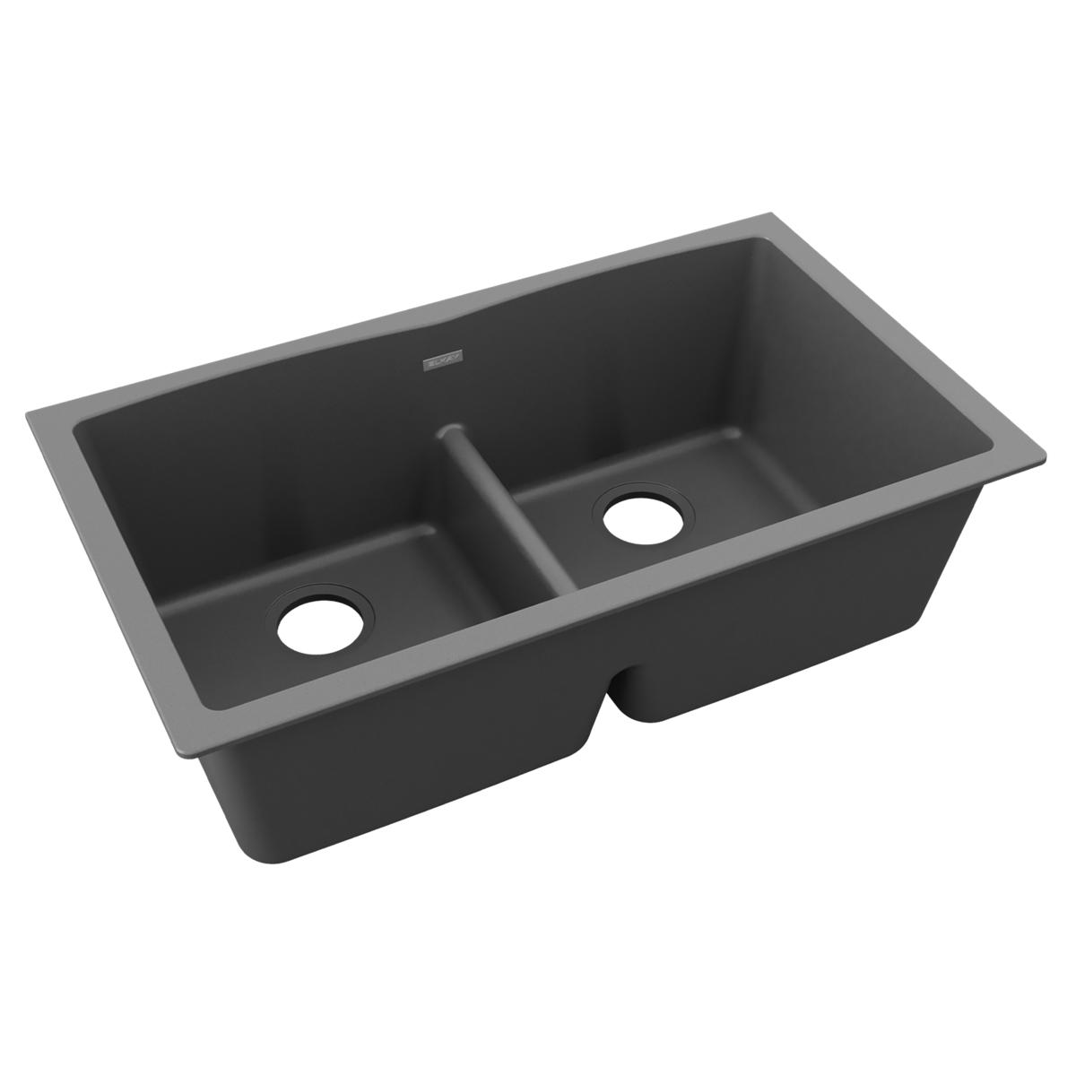 Dusk gray quartz double bowl undermount sink with center divider and two faucet holes.