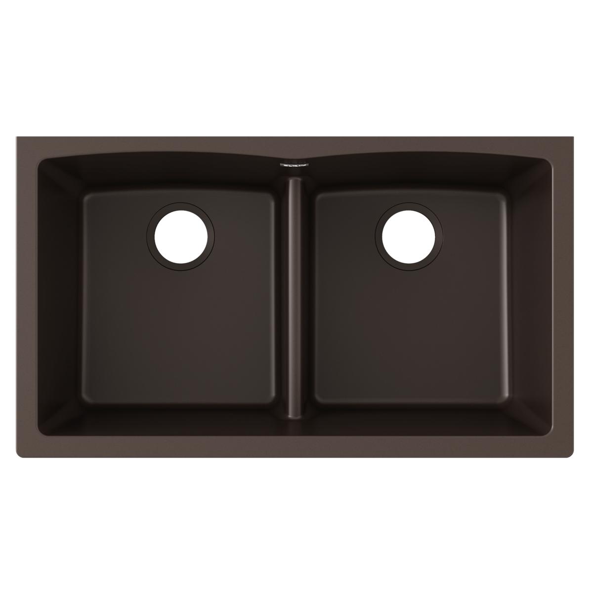 Mocha quartz double bowl undermount sink with equal-sized basins and center divider, viewed from above.