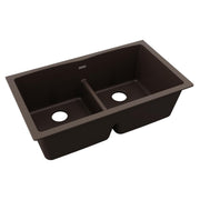 Mocha quartz undermount sink with two equal bowls separated by divider and two drain holes.