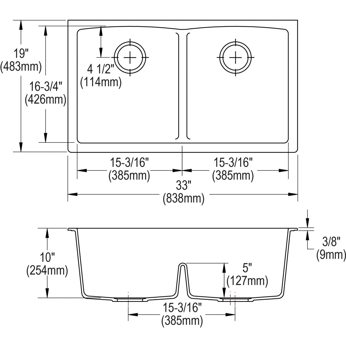 Dusk gray quartz double bowl undermount sink with equal-sized basins and Aqua Divide divider, shown in top and side views wit