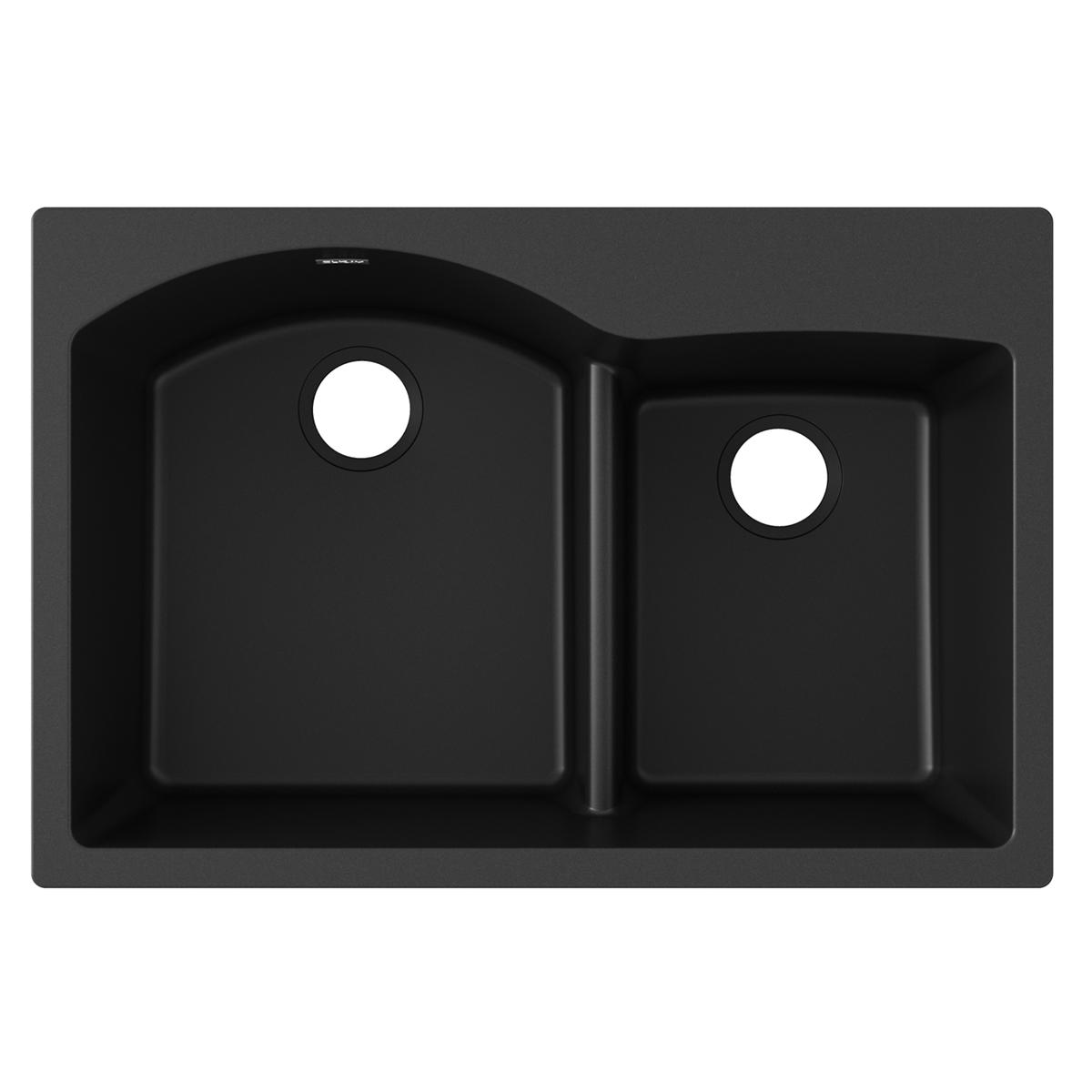 Black quartz double bowl drop-in sink with offset 60/40 configuration and divider between bowls.