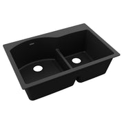 Black quartz double bowl drop-in sink with offset 60/40 bowls and center divider.