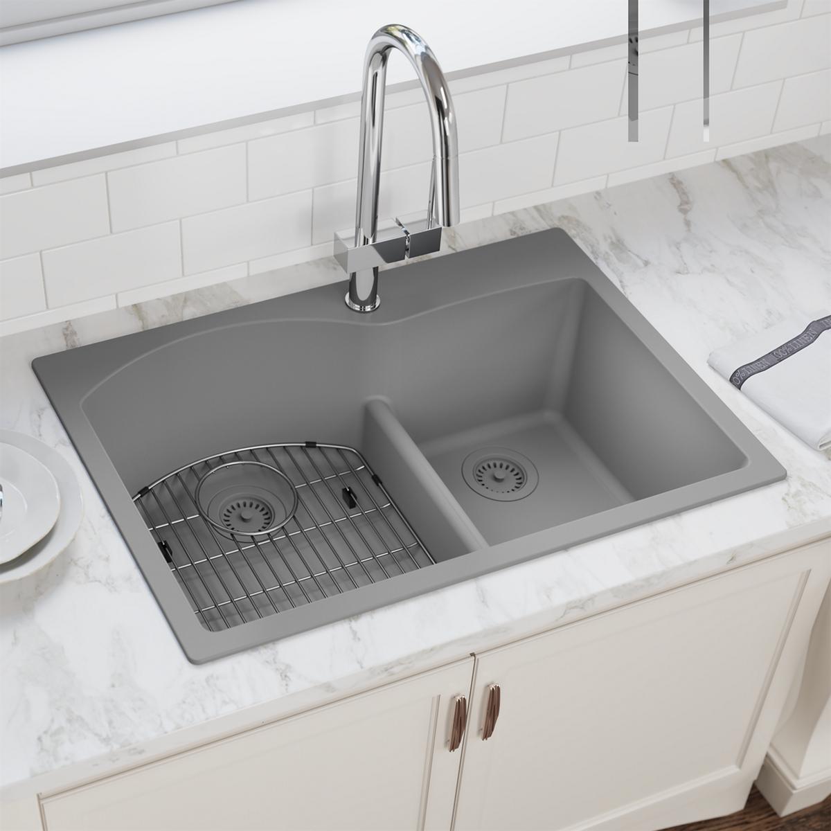 Greystone quartz double bowl drop-in sink with offset 60/40 configuration, stainless steel faucet, and divided compartments w