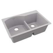 Greystone quartz double bowl drop-in sink with offset 60/40 configuration and divider.