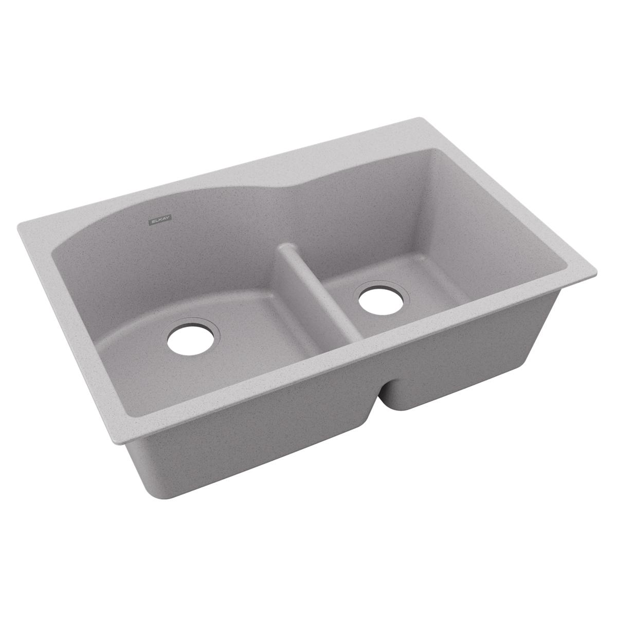 Greystone quartz double bowl drop-in sink with offset 60/40 configuration and divider.