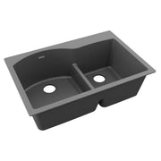 Dusk gray quartz double bowl drop-in sink with offset 60/40 basins and center divider.