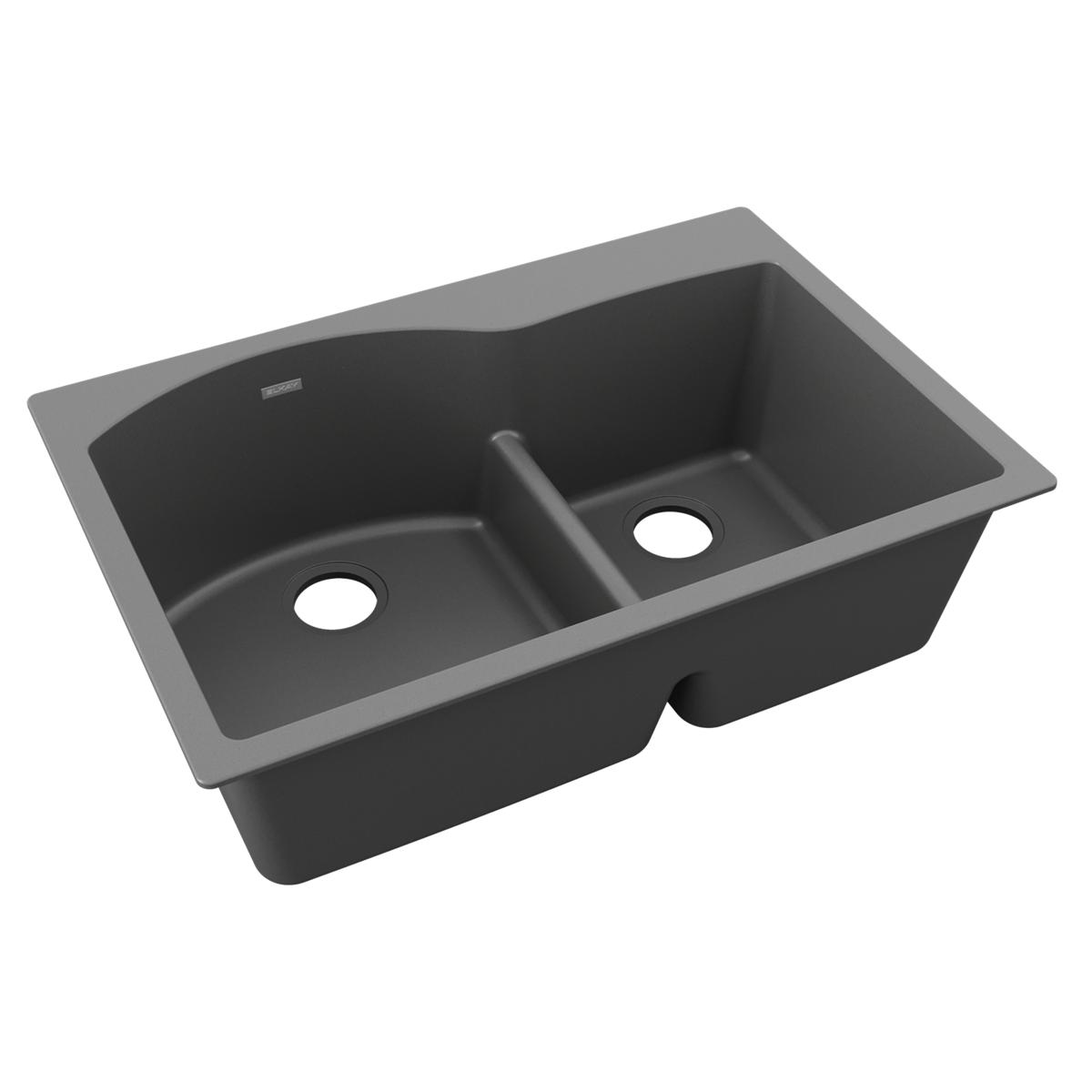 Dusk gray quartz double bowl drop-in sink with offset 60/40 basins and center divider.