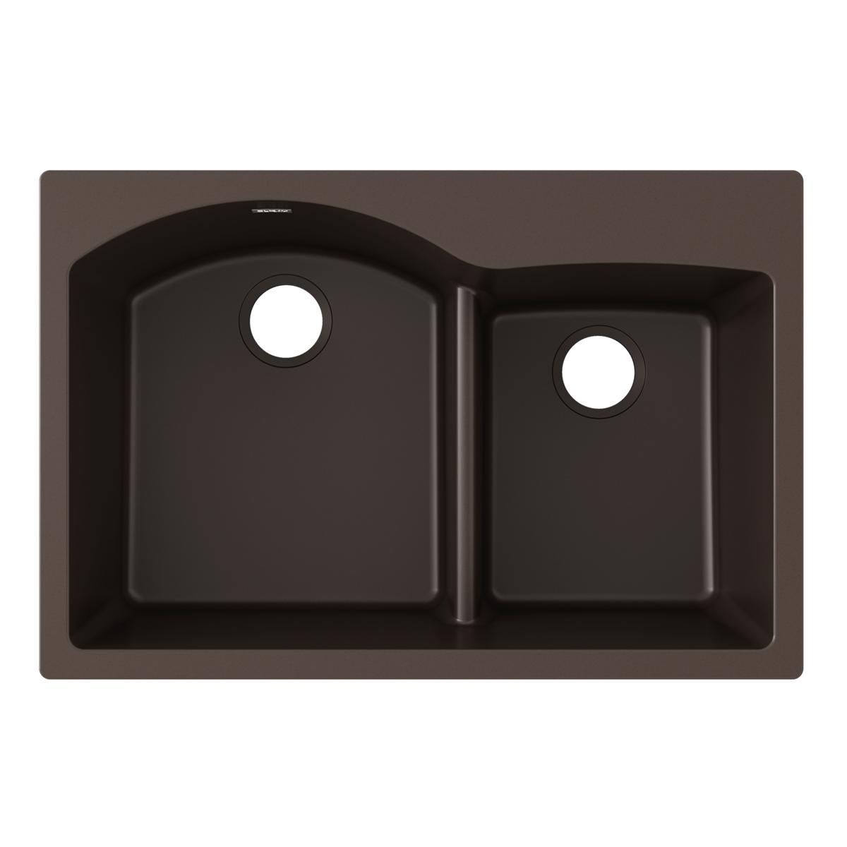 Mocha quartz drop-in sink with two unequal bowls and single faucet holes, offset 60/40 configuration.