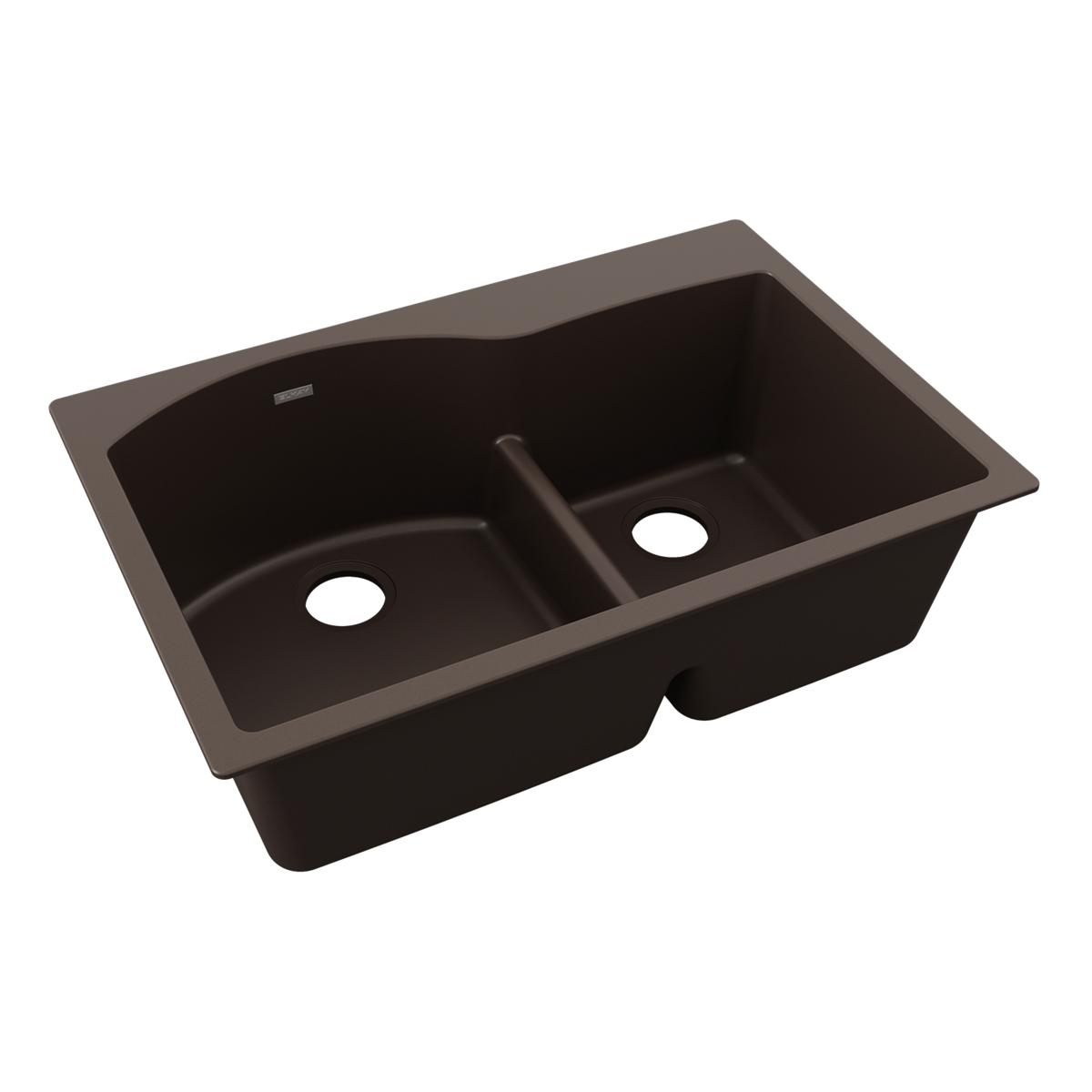 Mocha quartz double bowl drop-in sink with offset 60/40 basins and center divider, two white drain holes visible.