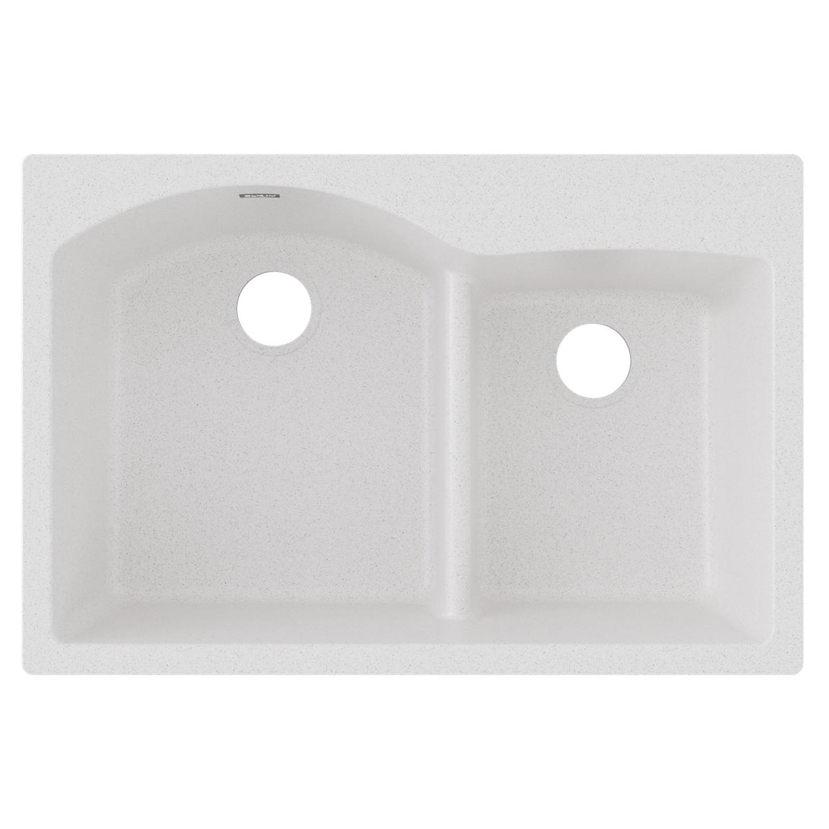 White quartz double bowl drop-in sink with offset 60/40 configuration and divider between bowls.