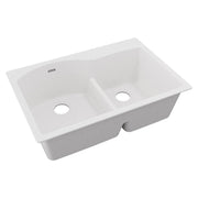 White quartz double bowl drop-in sink with offset 60/40 configuration and center divider.