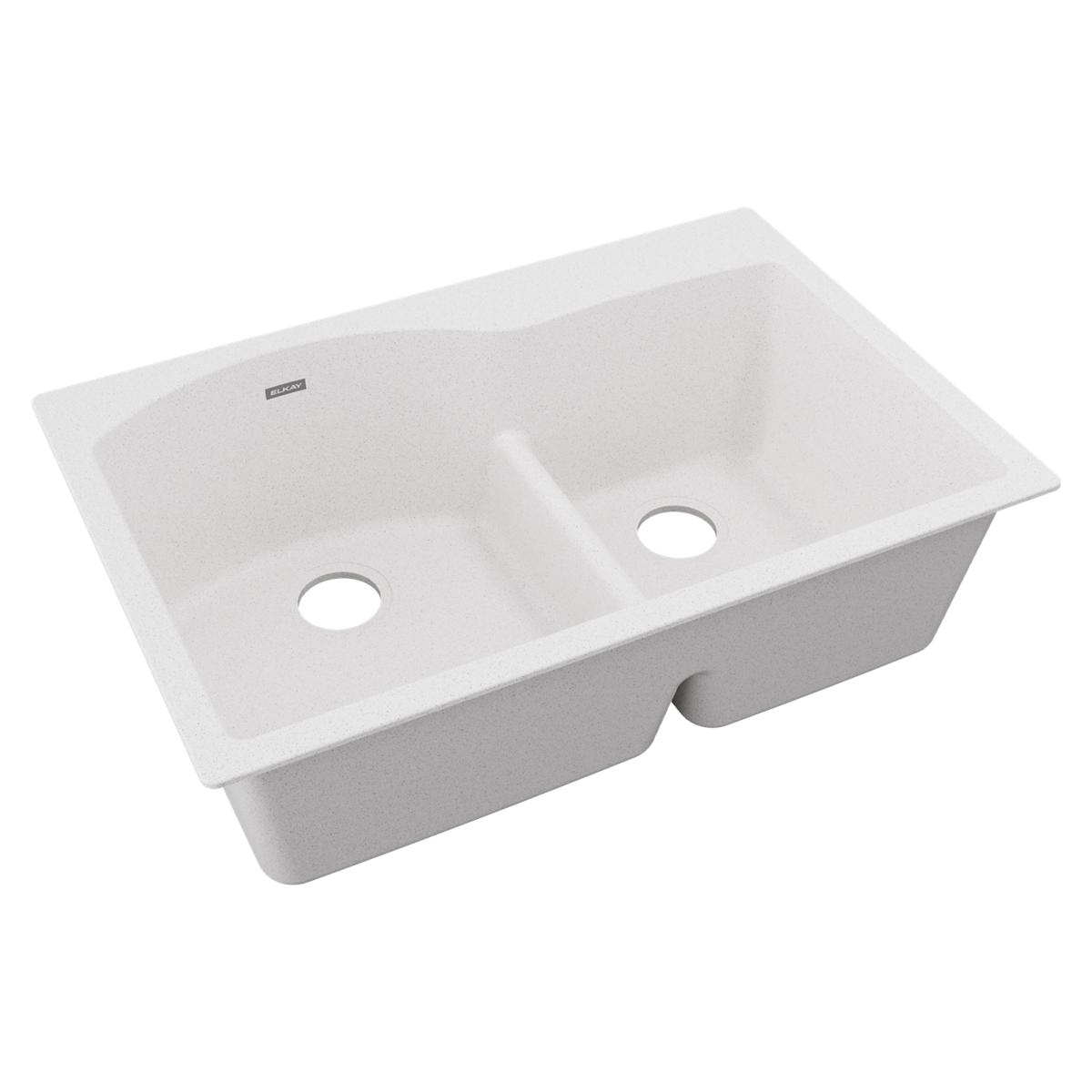 White quartz double bowl drop-in sink with offset 60/40 configuration and center divider.