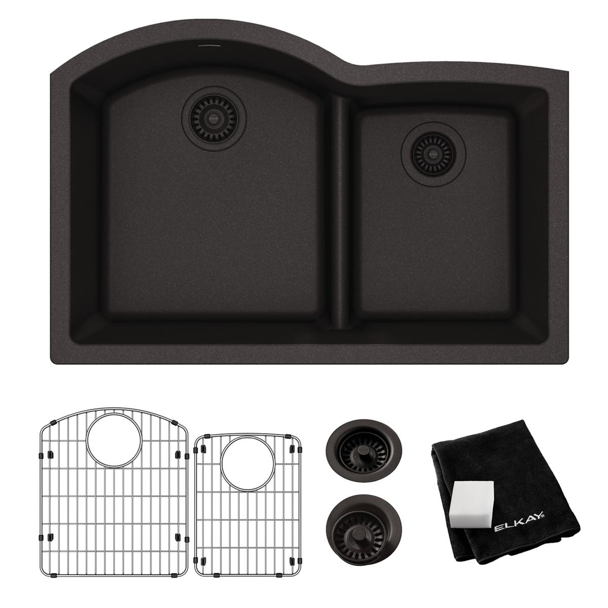 Black quartz double bowl undermount sink with offset 60/40 configuration, including grid strainers and care cloth.