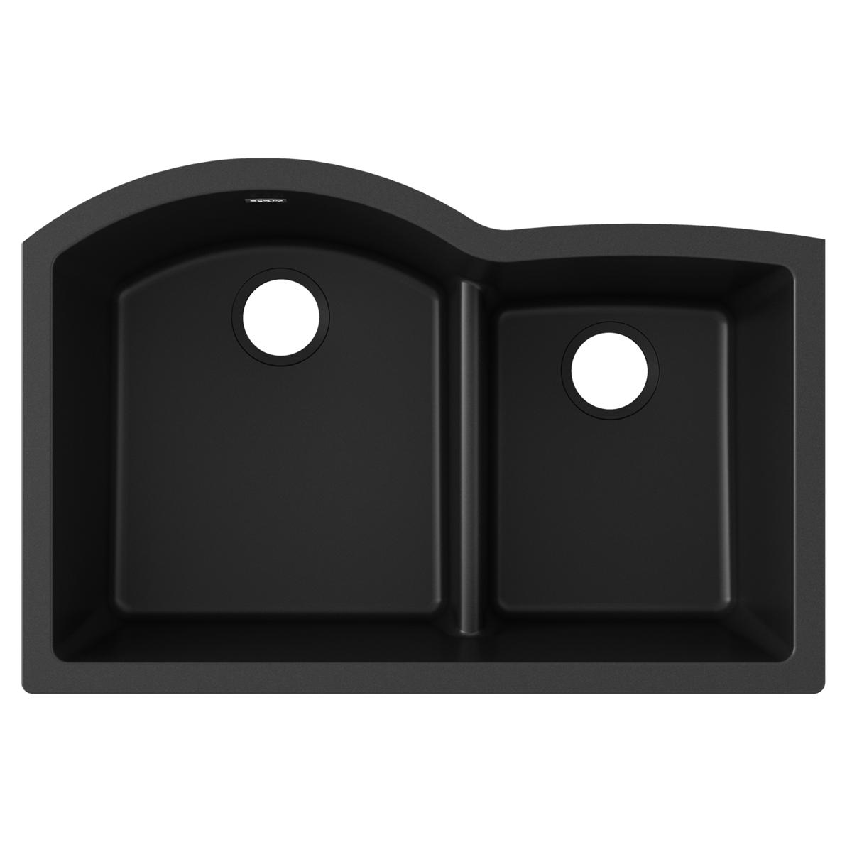 Black quartz double bowl undermount sink with offset 60/40 configuration and center divider.