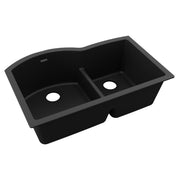 Black quartz double bowl undermount sink with offset basins and central divider.
