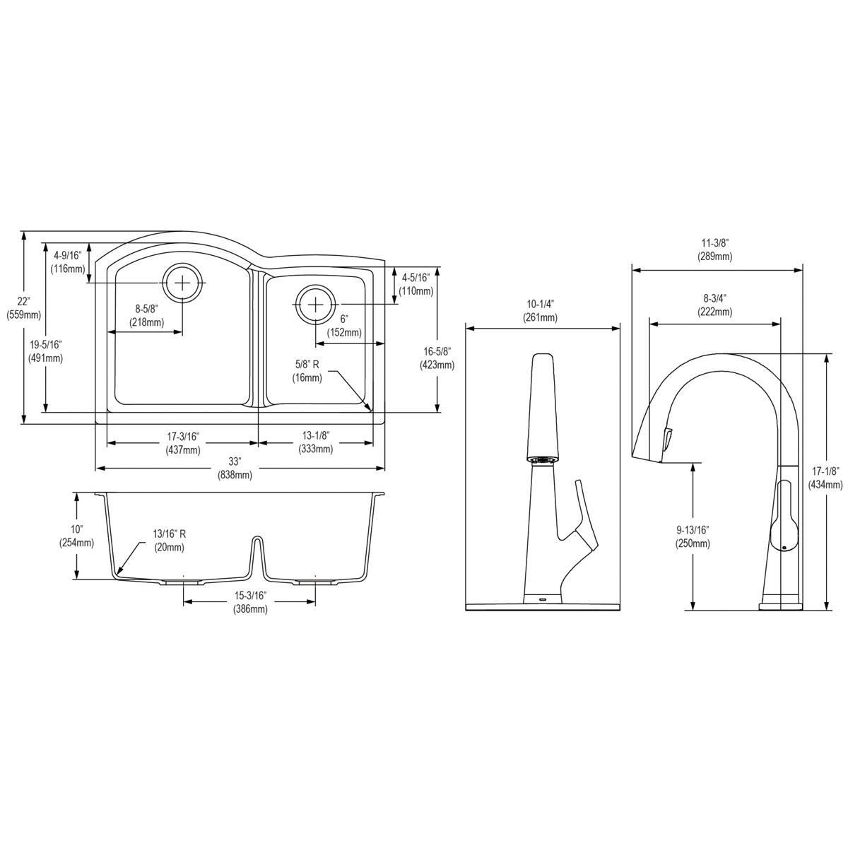 Greystone quartz double bowl undermount sink with offset 60/40 configuration and matching pull-down filtered faucet, shown in