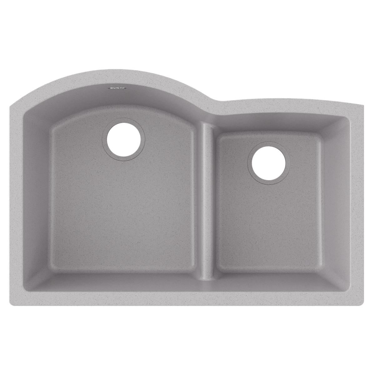 Greystone quartz double bowl undermount sink with offset 60/40 basins and divider.