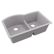 Greystone quartz double bowl undermount sink with offset 60/40 basins and center divider.