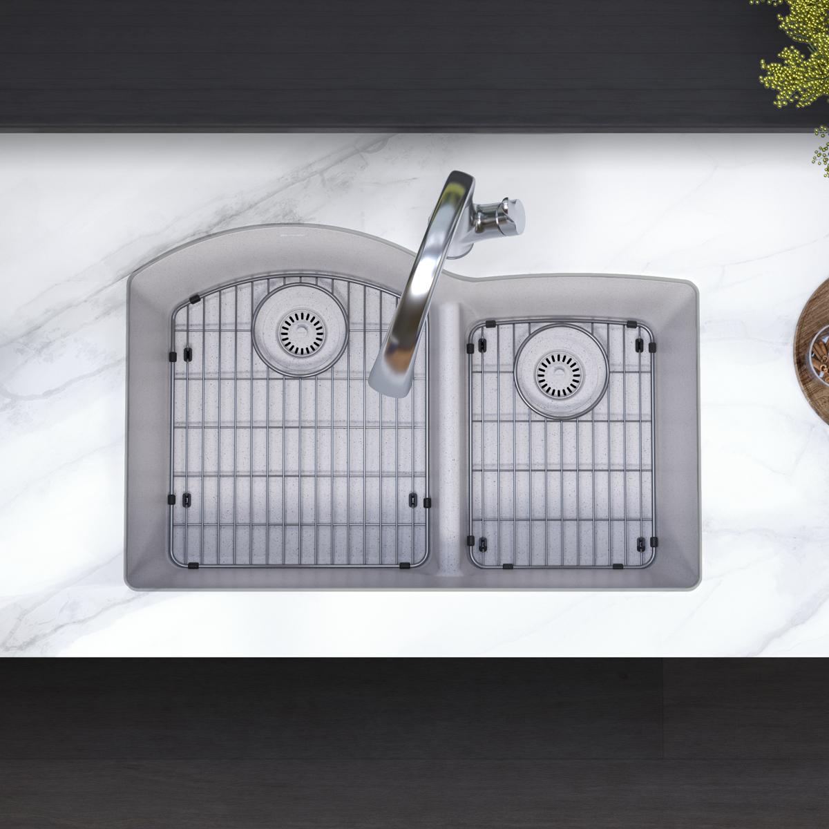 Greystone quartz double bowl undermount sink with offset 60/40 configuration, stainless steel faucet, and included grids, vie