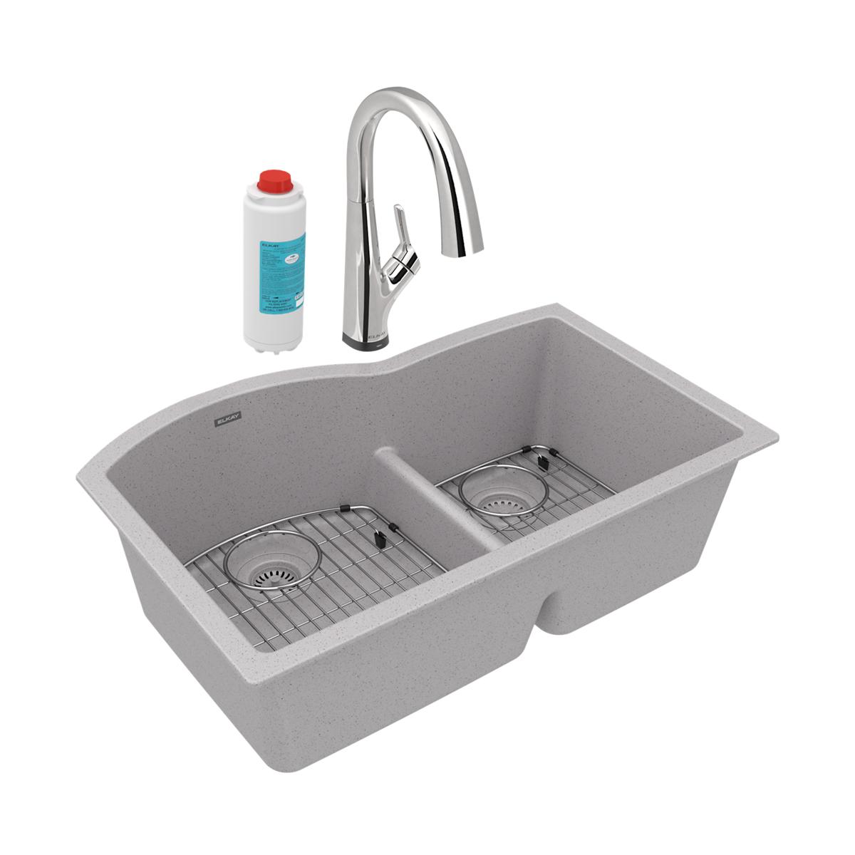 Elkay Quartz Classic 33" x 22" x 10", Offset 60/40 Double Bowl Undermount Sink Kit with Filtered Faucet with Aqua Divide, Greystone