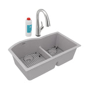 Greystone quartz double bowl undermount sink with chrome pull-down faucet and water filter cartridge.
