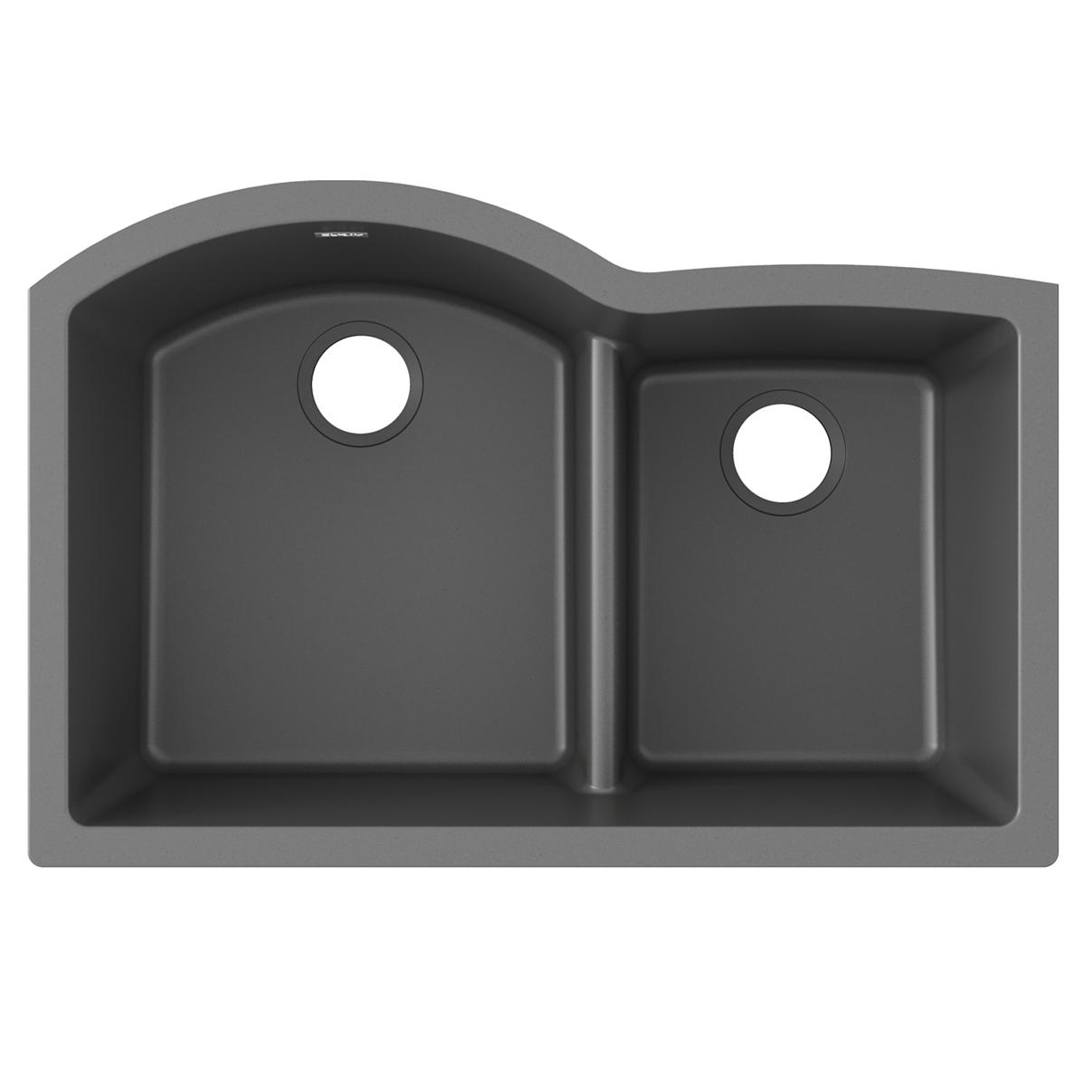 Dusk gray quartz double bowl undermount sink with larger left basin, smaller right basin, and divider.