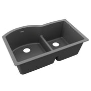 Dusk gray quartz double bowl undermount sink with offset 60/40 configuration and center divider.