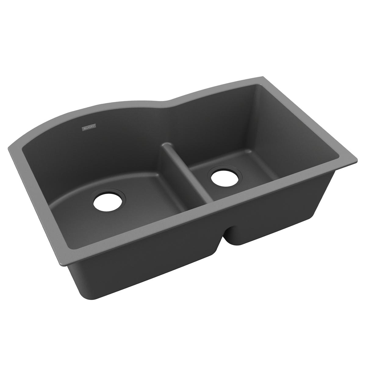 Dusk gray quartz double bowl undermount sink with offset 60/40 configuration and center divider.
