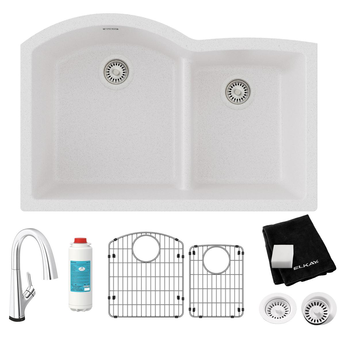White quartz double bowl undermount sink with offset 60/40 configuration, includes filtered faucet, grid inserts, drain strai