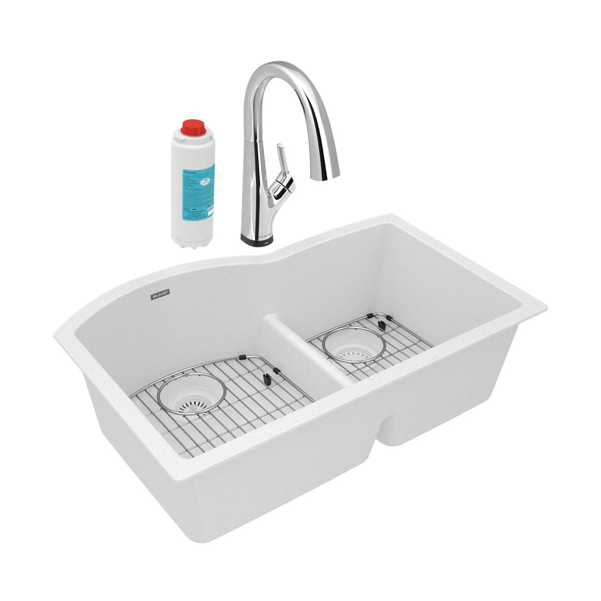 White quartz double bowl undermount sink with chrome pull-down faucet, filter cartridge, and metal basin grids included.