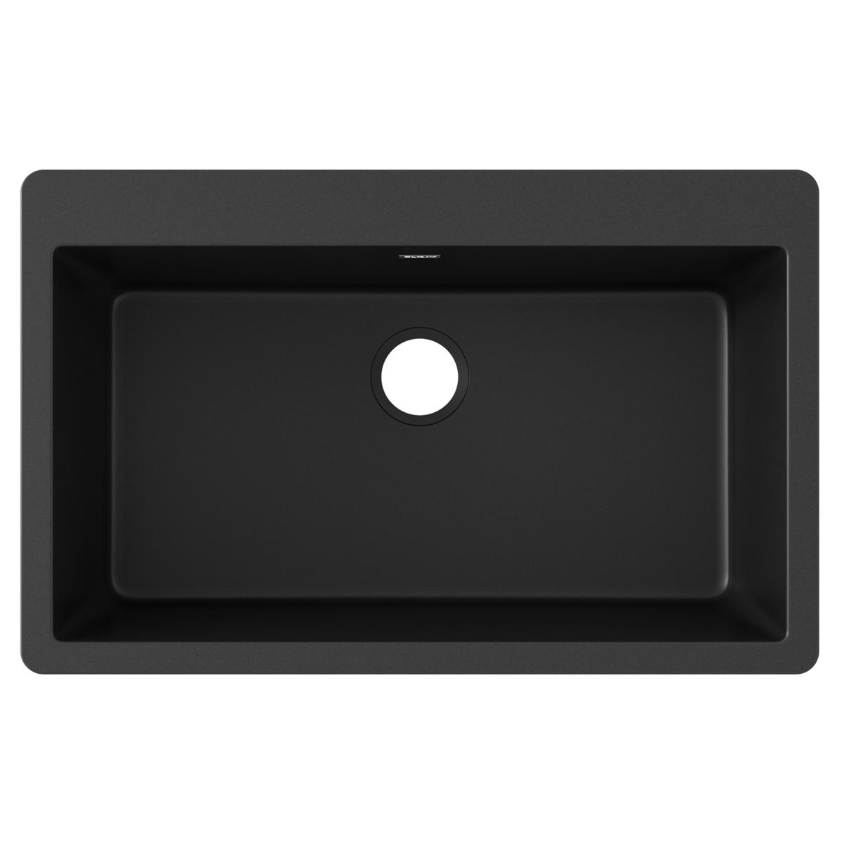 Black quartz composite single bowl drop-in sink with rounded corners and center drain hole.