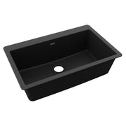 Black quartz composite single bowl drop-in sink with rounded corners and drain opening.