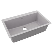 Greystone quartz drop-in sink with single rectangular bowl and center drain opening.
