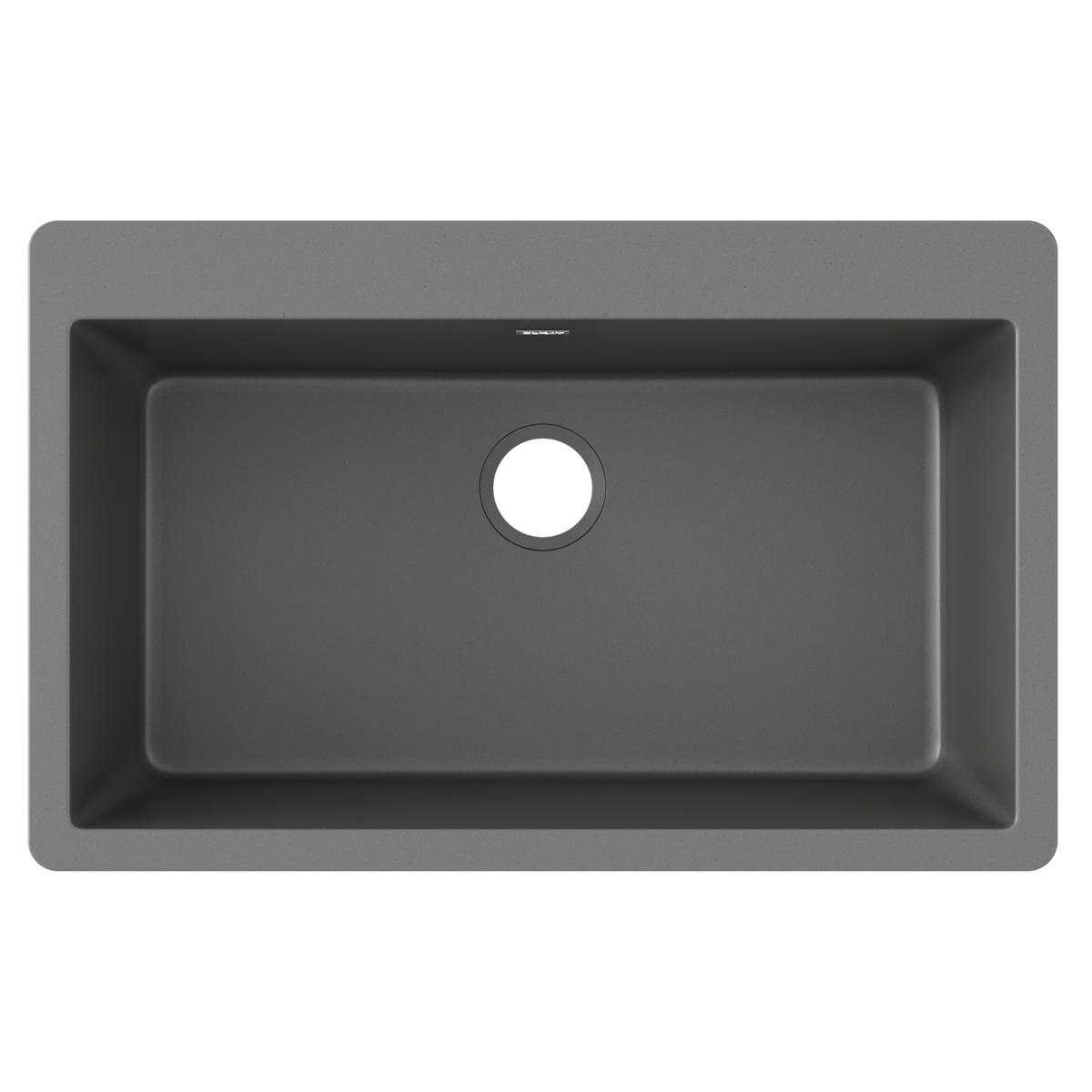Dusk gray quartz single bowl drop-in sink with rounded corners and drain hole, shown from above.