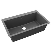 Dusk gray quartz single bowl drop-in sink with drain hole and rounded corners.