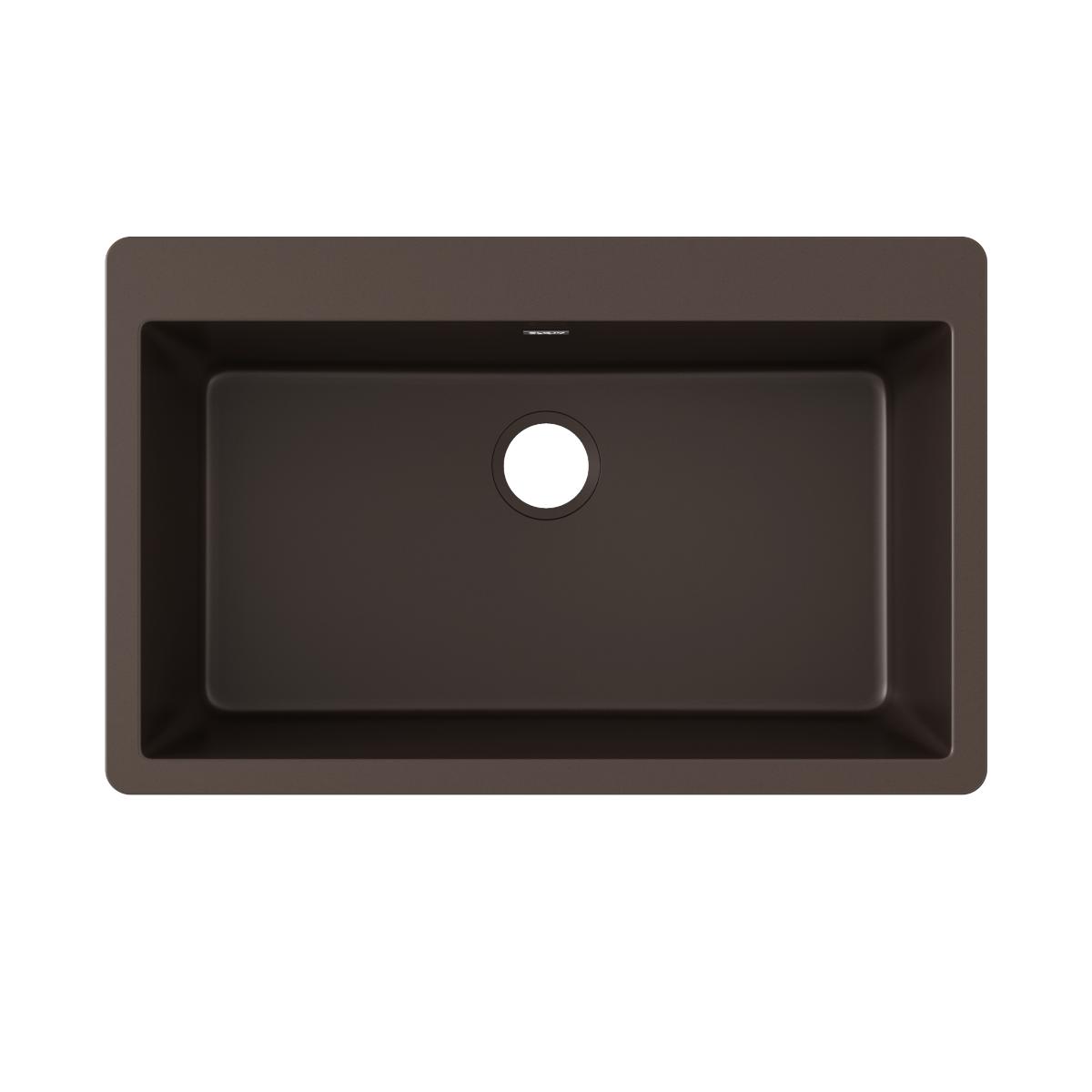 Mocha quartz drop-in sink with single rectangular bowl and drain opening, viewed from above.