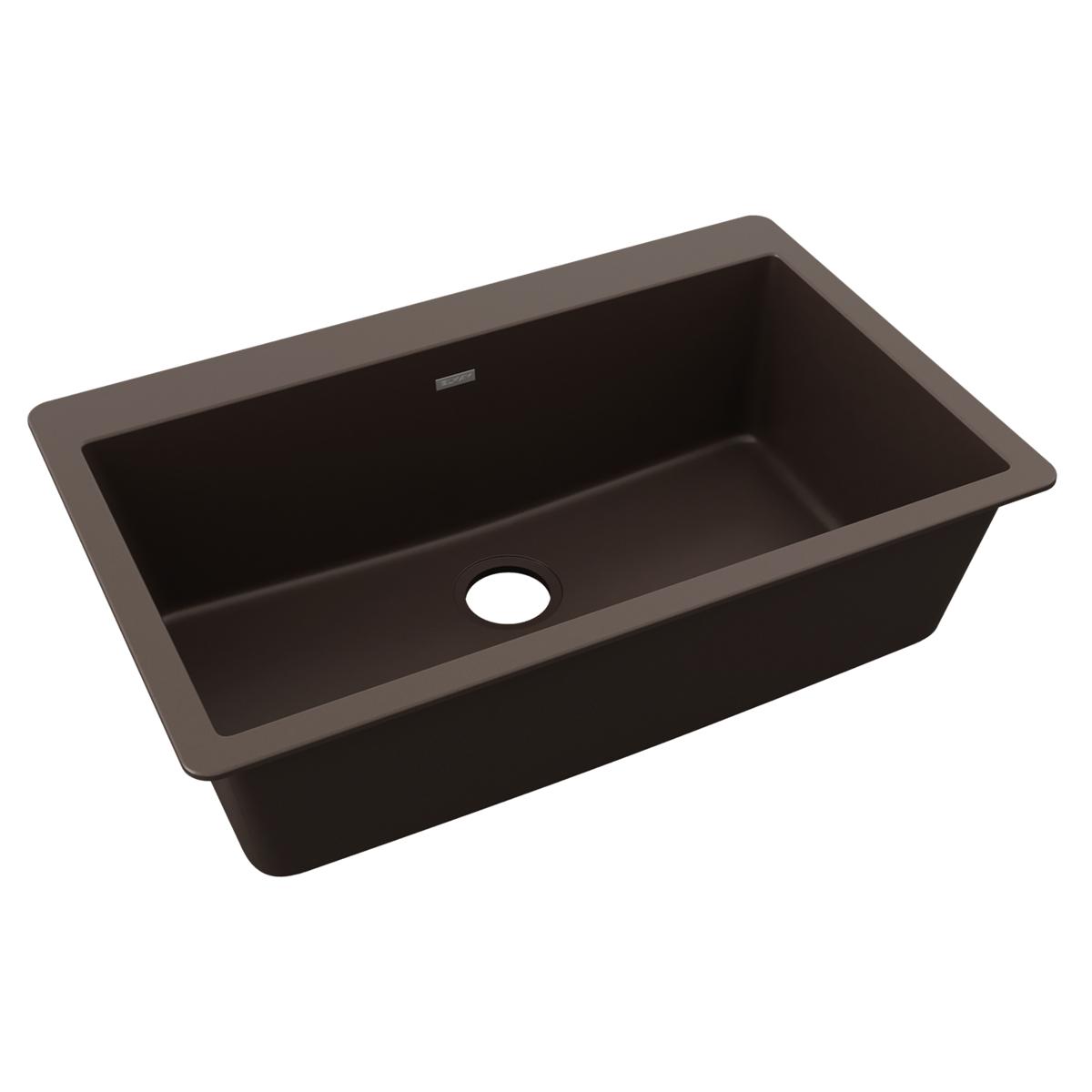 Mocha quartz drop-in kitchen sink with single bowl and rounded corners.
