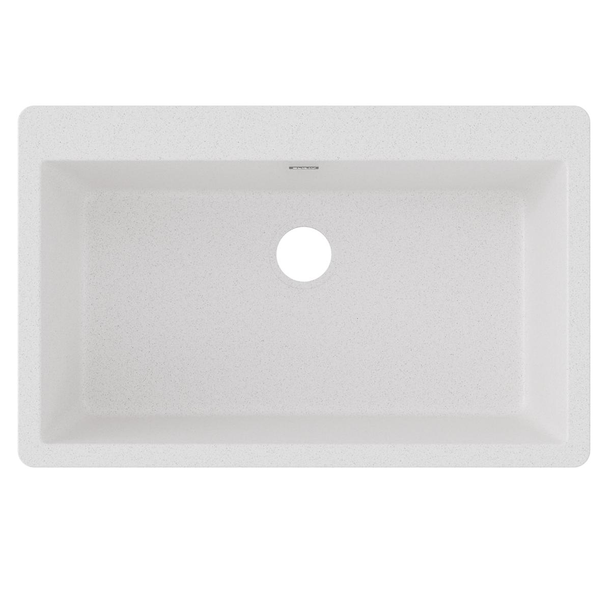White quartz drop-in kitchen sink with single rectangular bowl and faucet hole, viewed from above.
